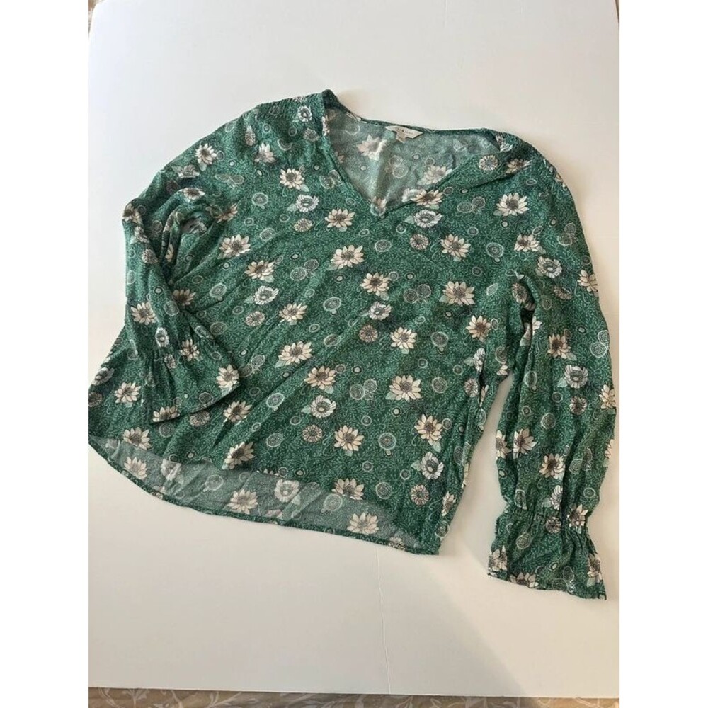 Lucky Brand Green Floral V-Neck Peasant Blouse Long Ruffle Sleeve Size M